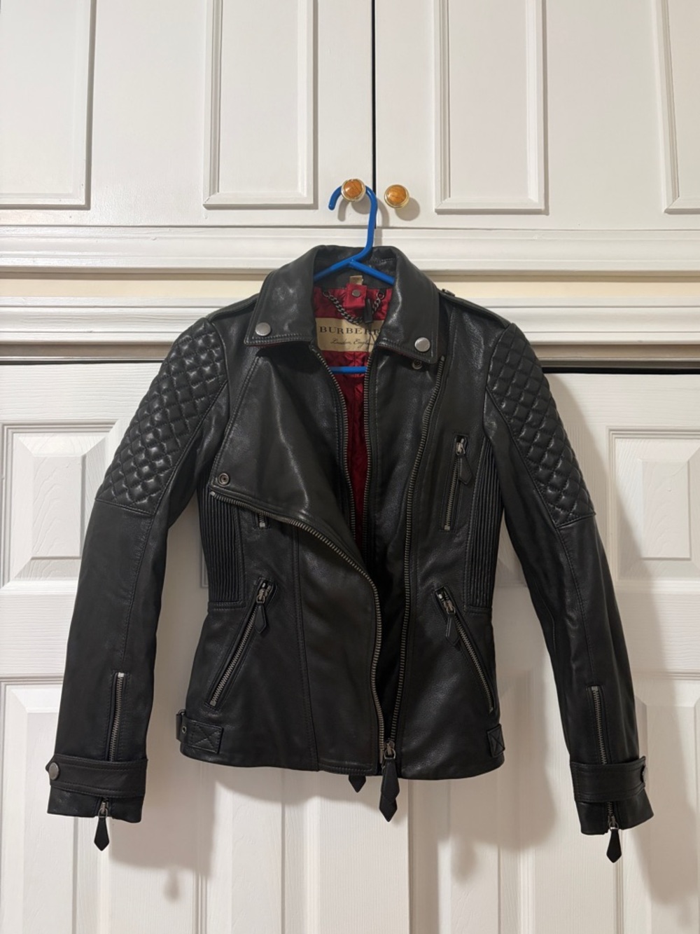 Burberry Black Quilted Shoulder Leather Moto Jacket with Red Lining - Picture 2 of 6